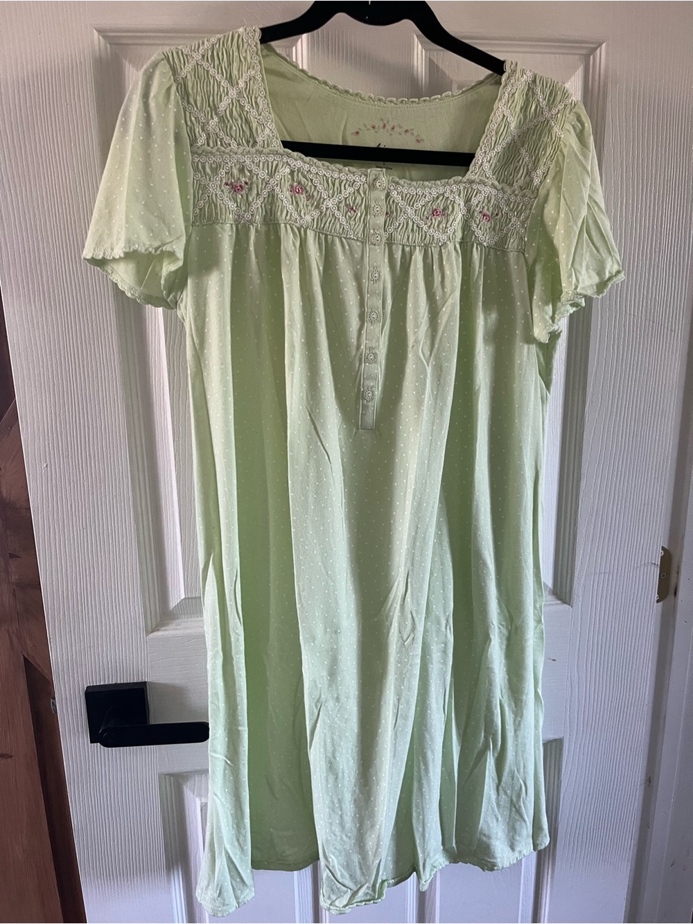 Cottagecore Green Polka Dot Smocked Floral Nightgown - Size Small